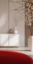 a white cabinet with an area rug and vases with blossoms