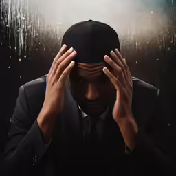 a man is holding his head while posing