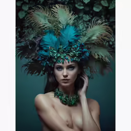 woman posing shirtless wearing a headpiece of flowers