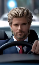 a man wearing a suit is driving a car