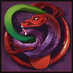 an orange and green snake on top of a purple background,the dragon and the snake are together to create a snake that has its head on top of