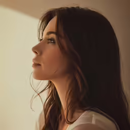 a woman looking over her shoulder with a profile view