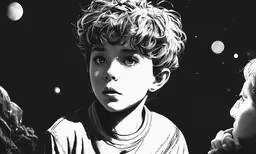 the young boy has no hair and is looking at his own,two young boys are standing side by side