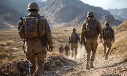 a group of men walking down a dirt trail