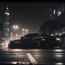 the car on the street is parked at night
