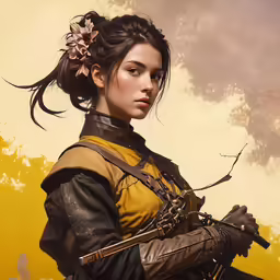 a beautiful young woman holding a gun in front of a tree