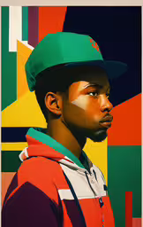 an african man with a green hat standing in front of a colorful wall,a portrait of a young man wearing a green hat