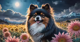 a dog in the middle of flowers with mountains in the background