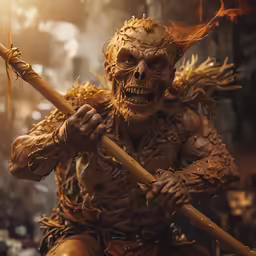 an evil looking creature holding two wooden sticks