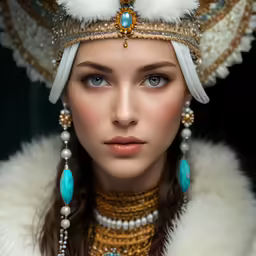 the girl with a fur - covered hat is wearing beads