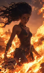 a woman dressed as wonder stands in a flame - filled fire