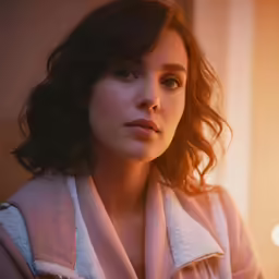 a girl that is sitting down in a robe