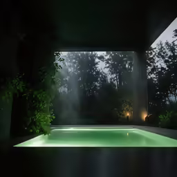 a swimming pool with an opening in the back and lights on