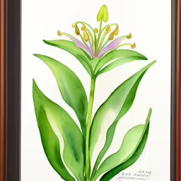 the painting shows a green leaf and flowers