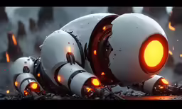 a robot with glowing eyes crawling through a tunnel