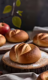 bread sitting on top of each other near some apples
