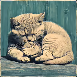 a small cat sitting on top of a wooden table