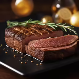 a cut steak on a plate with a sprig of rosemary
