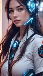 the futuristic girl is wearing headphones and a blue light