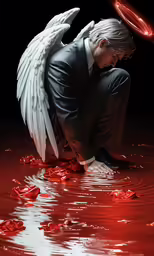 a man kneeling in water while surrounded by wings