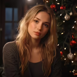 a close up of a young girl sitting in front of a christmas tree