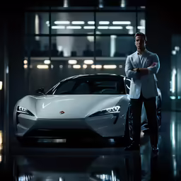 a man standing next to a futuristic sports car