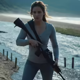 a young woman holding a large water guns