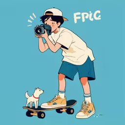 a boy with a dog is using a digital camera