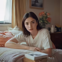 an asian woman looking bored as she sits on a bed