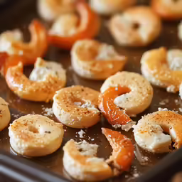 a metal pan filled with different donuts covered in powdered sugar