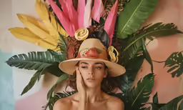 a man is standing under a tropical plant