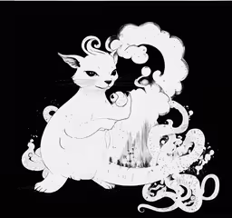 a white and black ink art work that depicts an elephant sitting in a tree,an ink drawing of a cat and another animal