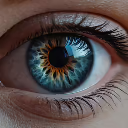 a blue eye with an orange center