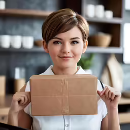 a young woman holding a paper box up to her face