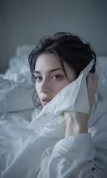 woman laying on white bedding with white sheets and pillow