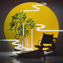 an empty chair sits in front of a plant