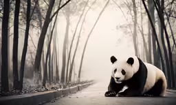 a black and white panda bear in front of trees