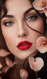 a woman with flowers in her hair and red lipstick