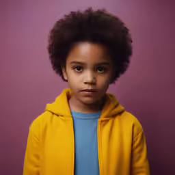 young girl wearing a yellow jacket and blue t - shirt, stands against a purple background