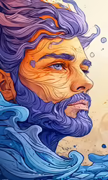 a man with a beard and blue hair, in the water