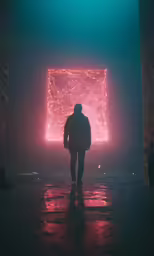 the man is walking toward a pink neon cube