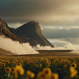 a sunflower field under a mountain with clouds