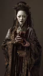 a geisha with an ornate outfit holding a cup,a woman dressed up in a costume holding a cup