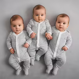 three small baby babies are wearing identical rompers and striped ones