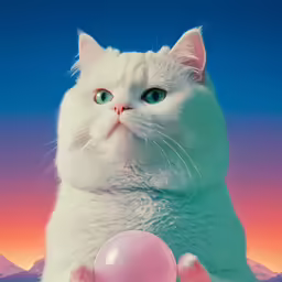 a cat and a balloon in front of mountains