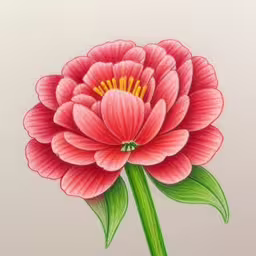 a large pink flower with green leaves,a flower drawing is shown in color with red and pink flowers,a drawing of a pink flower with green leaves on a white background,an artistic drawing of a flower on white paper,a drawing of a flower with some leaves on it