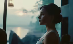 a young lady looks out a window at the sunset