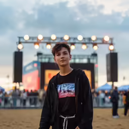 a teenage boy standing in front of an arena at a concert