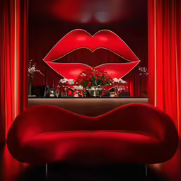 a red couch in front of a bright stage backdrop