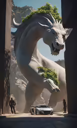 a statue of an animal with grass on its back